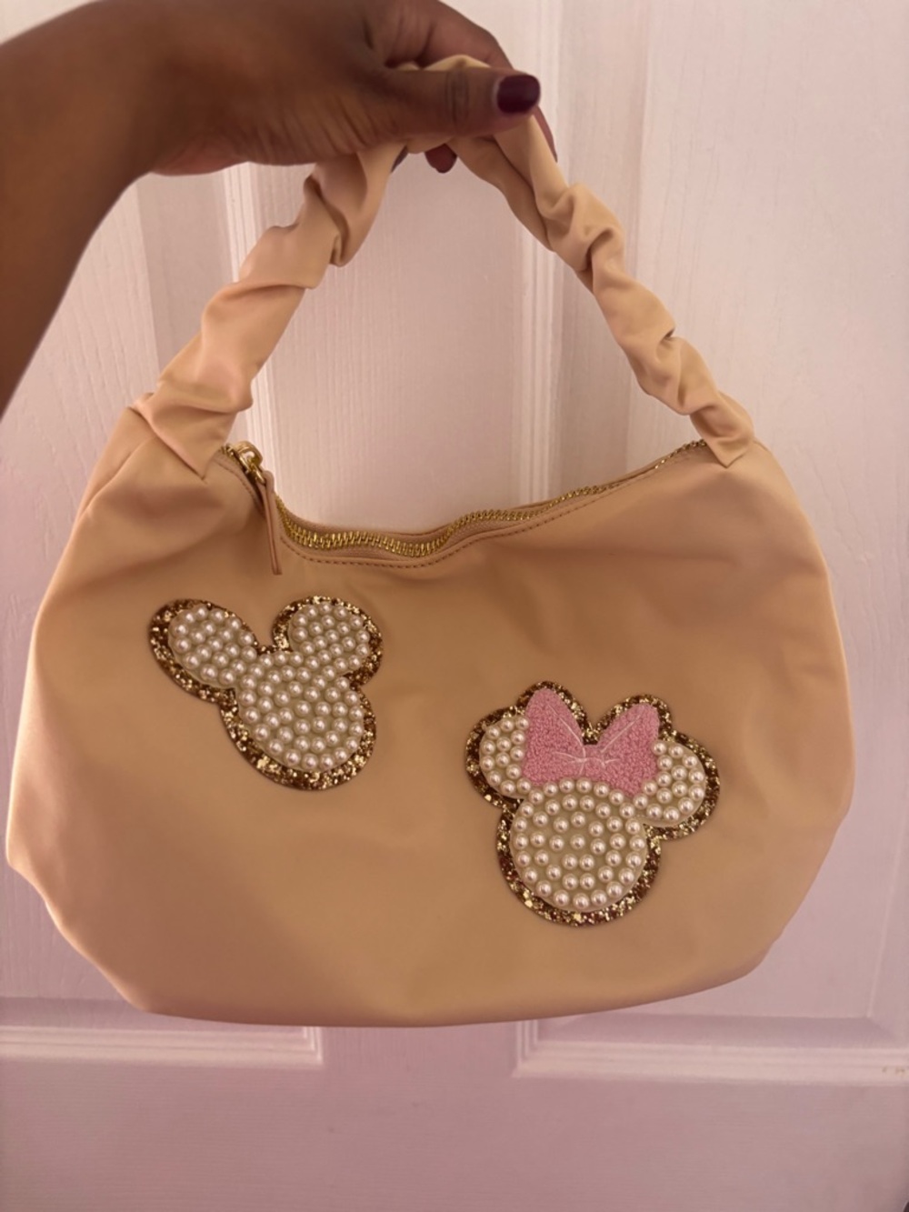 Stoney Clover Lane Cream Shoulder Bag with Pearl Mickey Appliqués